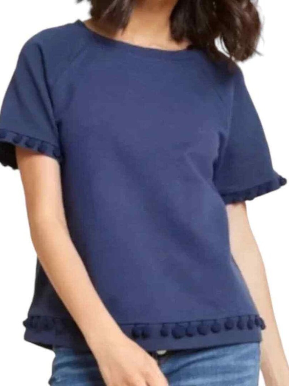 ModCloth Navy Pom Pom Trim Top Size S Boxy Cropped Cotton Tee Boho